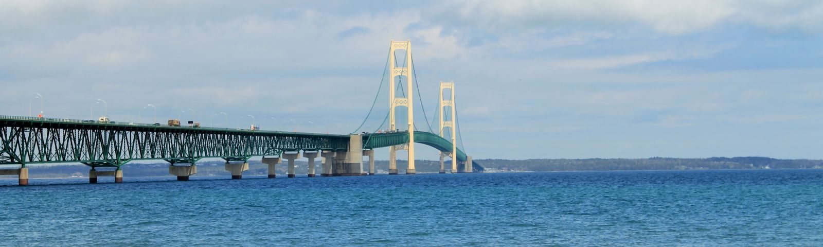 Photo taken from the south side of the Straits of Mackinac, facing north with a view of the Mackinac Bridge.